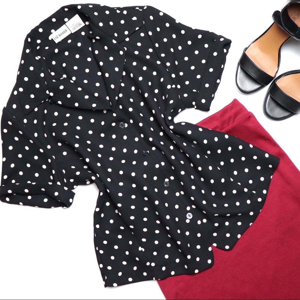 VINTAGE Liz Baker Navy Blue Polka Dot Blouse - 4